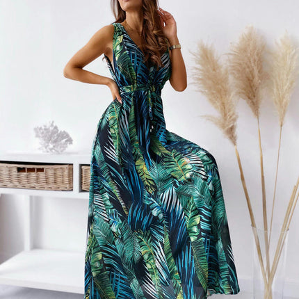 Women Deep V Neck Elegant Casual Long Dress Sexy Maxi Sleeveless Swing Floral Dresses