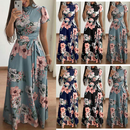 Womens Boho Maxi Dresses Summer Mock Neck Long/Short Sleeve Floral Flowy Casual Long Dress