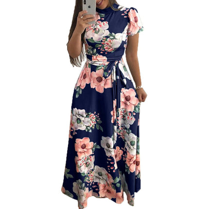 Womens Boho Maxi Dresses Summer Mock Neck Long/Short Sleeve Floral Flowy Casual Long Dress