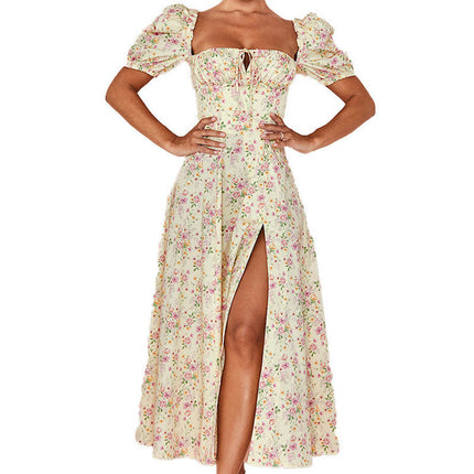 Women's Boho Floral Summer Dresses Square Neck Puff Short Sleeve Split Long Dress