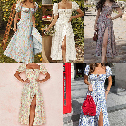 Women's Boho Floral Summer Dresses Square Neck Puff Short Sleeve Split Long Dress