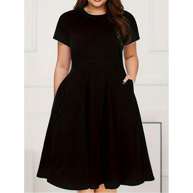 Women's Summer Plus Size Short Sleeve Midi  Dress Casual Crewneck Swing A Line Dress with Pockets