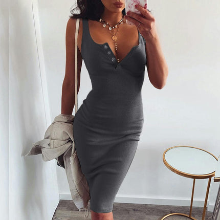 Women's Summer Dress Bodycon Ribbed Tank Dress Button Up Casual Midi Dress