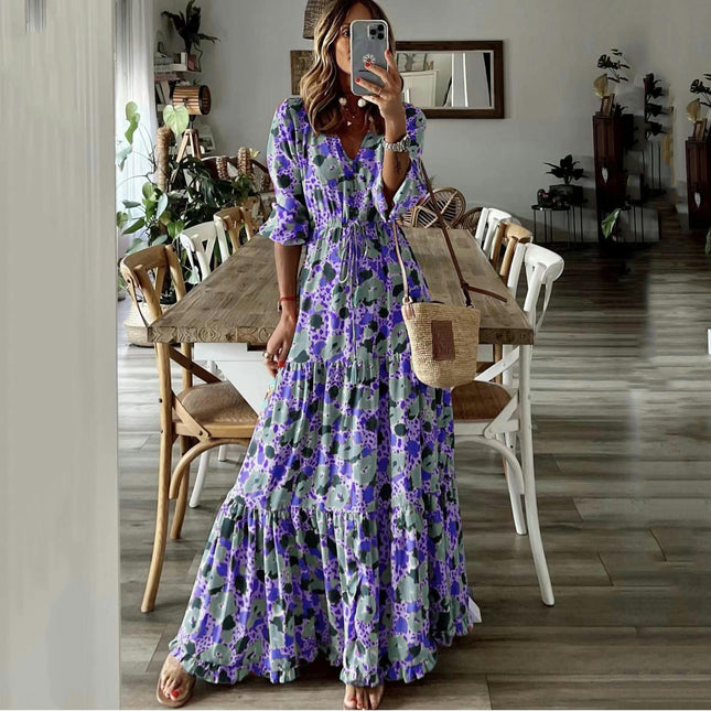 Women Casual Summer Dresses V Neck Short Sleeve Floral Print Boho Flowy Maxi Dress