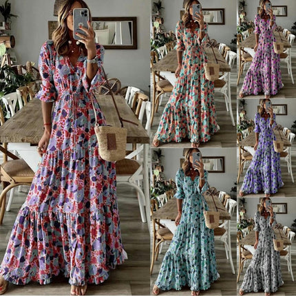 Women Casual Summer Dresses V Neck Short Sleeve Floral Print Boho Flowy Maxi Dress