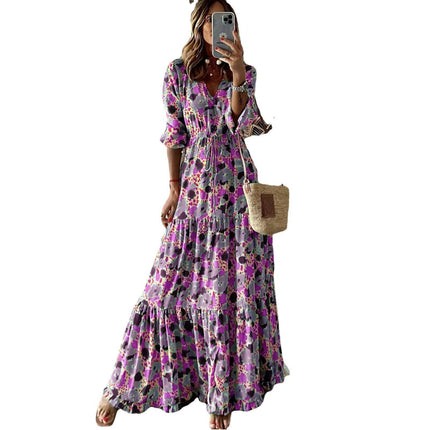 Women Casual Summer Dresses V Neck Short Sleeve Floral Print Boho Flowy Maxi Dress