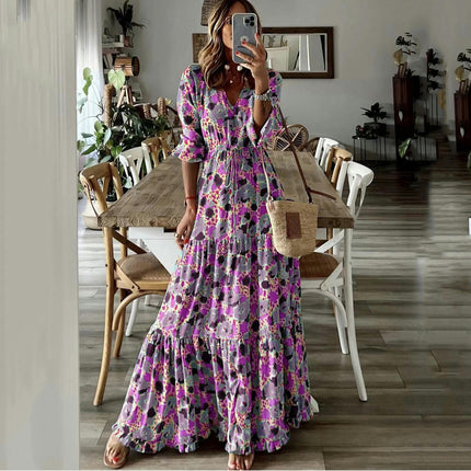 Women Casual Summer Dresses V Neck Short Sleeve Floral Print Boho Flowy Maxi Dress