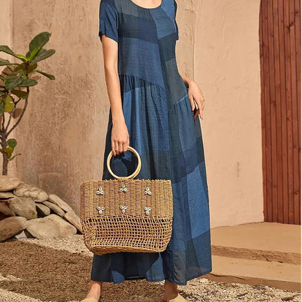 Women's Summer Maxi Dresses Casual Short Sleeve Crewneck A Line Flowy Dress with Pockets