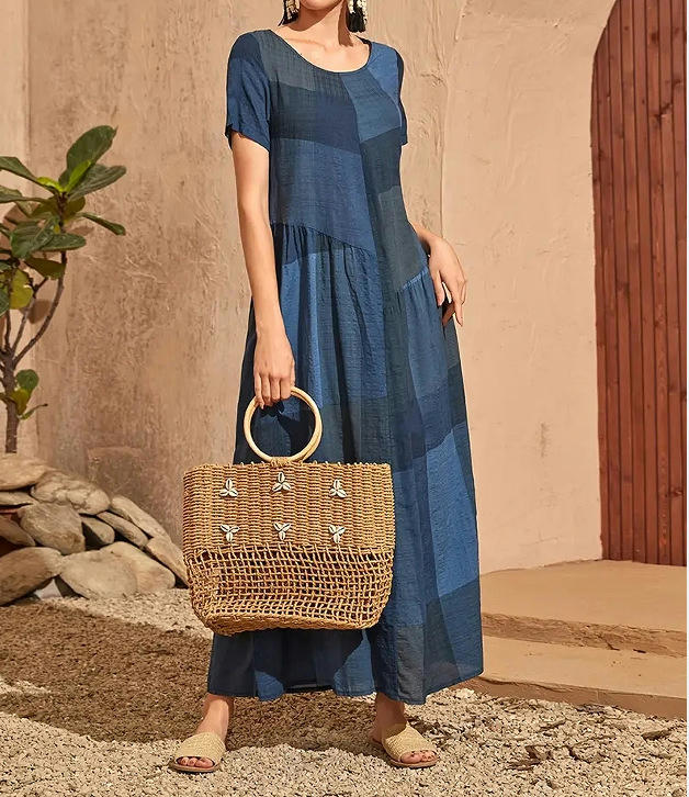 Women's Summer Maxi Dresses Casual Short Sleeve Crewneck A Line Flowy Dress with Pockets