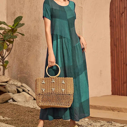 Women's Summer Maxi Dresses Casual Short Sleeve Crewneck A Line Flowy Dress with Pockets