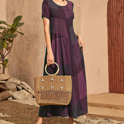 Women's Summer Maxi Dresses Casual Short Sleeve Crewneck A Line Flowy Dress with Pockets