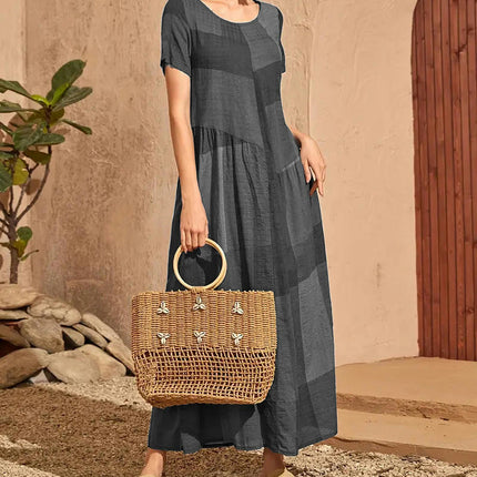 Women's Summer Maxi Dresses Casual Short Sleeve Crewneck A Line Flowy Dress with Pockets