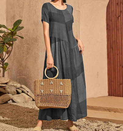 Women's Summer Maxi Dresses Casual Short Sleeve Crewneck A Line Flowy Dress with Pockets