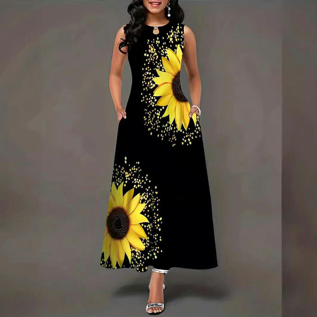 Women's Casual Summer Sleeveless Dress Loose Crew Neck Floral Printed Maxi Dresses