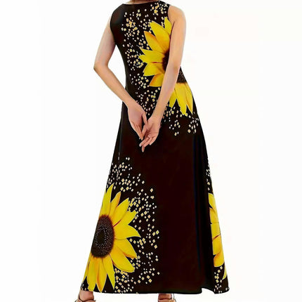 Women's Casual Summer Sleeveless Dress Loose Crew Neck Floral Printed Maxi Dresses