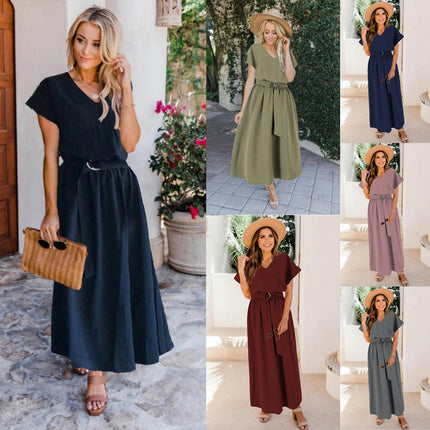 Women's Summer Dresses Casual Maxi Swing Short Sleeve V Neck A Line Dress with Belt