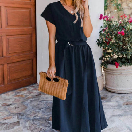 Women's Summer Dresses Casual Maxi Swing Short Sleeve V Neck A Line Dress with Belt