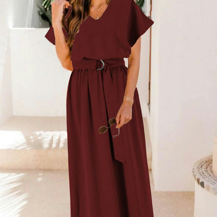 Women's Summer Dresses Casual Maxi Swing Short Sleeve V Neck A Line Dress with Belt