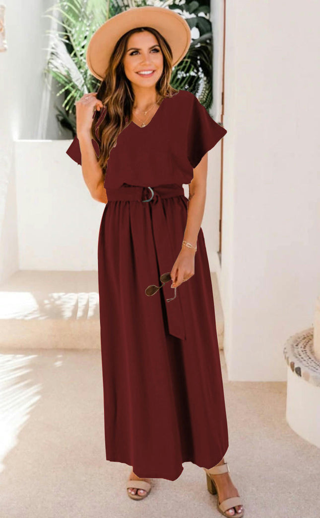 Women's Summer Dresses Casual Maxi Swing Short Sleeve V Neck A Line Dress with Belt