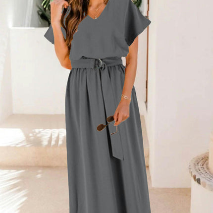 Women's Summer Dresses Casual Maxi Swing Short Sleeve V Neck A Line Dress with Belt