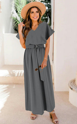 Women's Summer Dresses Casual Maxi Swing Short Sleeve V Neck A Line Dress with Belt