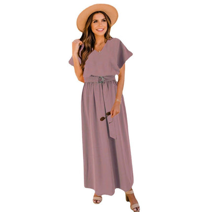 Women's Summer Dresses Casual Maxi Swing Short Sleeve V Neck A Line Dress with Belt