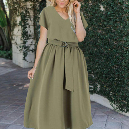 Women's Summer Dresses Casual Maxi Swing Short Sleeve V Neck A Line Dress with Belt