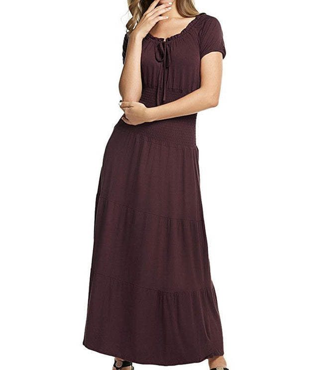 Women's Summer Casual Dresses Short Sleeve Crewneck Flowy Tiered Maxi Dress