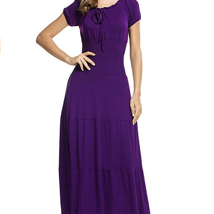 Women's Summer Casual Dresses Short Sleeve Crewneck Flowy Tiered Maxi Dress