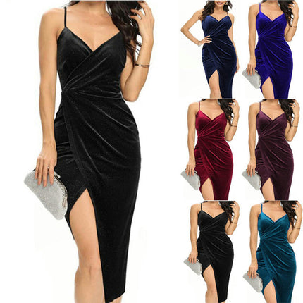 Women's Deep V Neck Sleeveless Summer Dress Spaghetti Straps Ruched Split Bodycon Midi Dress