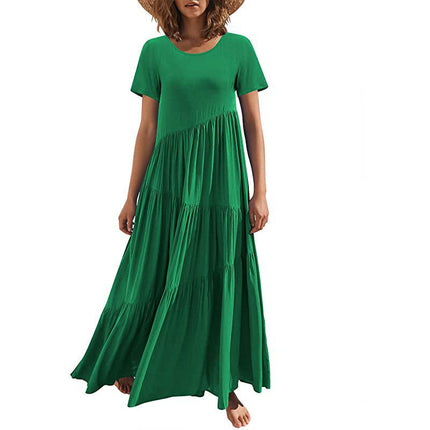 Women's Summer Casual Dresses Short Sleeve Crewneck Flowy Tiered Swing Maxi Dress