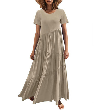 Women's Summer Casual Dresses Short Sleeve Crewneck Flowy Tiered Swing Maxi Dress