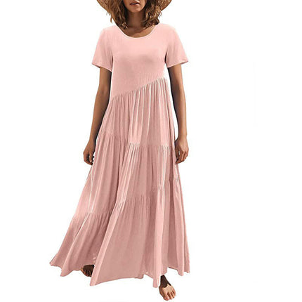 Women's Summer Casual Dresses Short Sleeve Crewneck Flowy Tiered Swing Maxi Dress