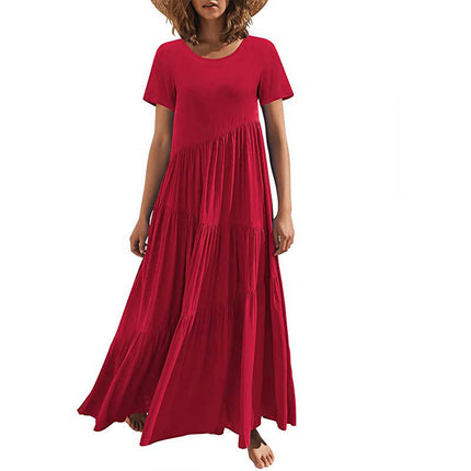 Women's Summer Casual Dresses Short Sleeve Crewneck Flowy Tiered Swing Maxi Dress