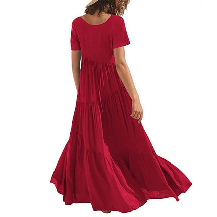 Women's Summer Casual Dresses Short Sleeve Crewneck Flowy Tiered Swing Maxi Dress