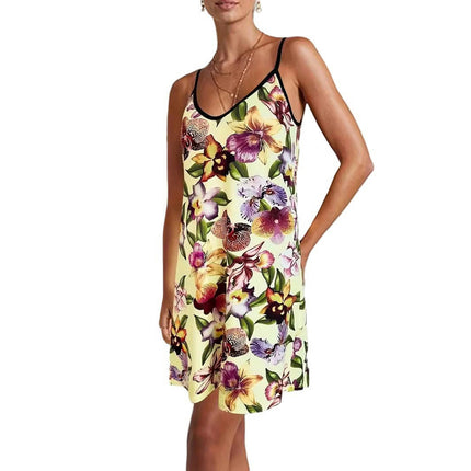 Women's Spaghetti Strap Floral Summer Dresses Sexy V Neck Sleeveless Mini Dress