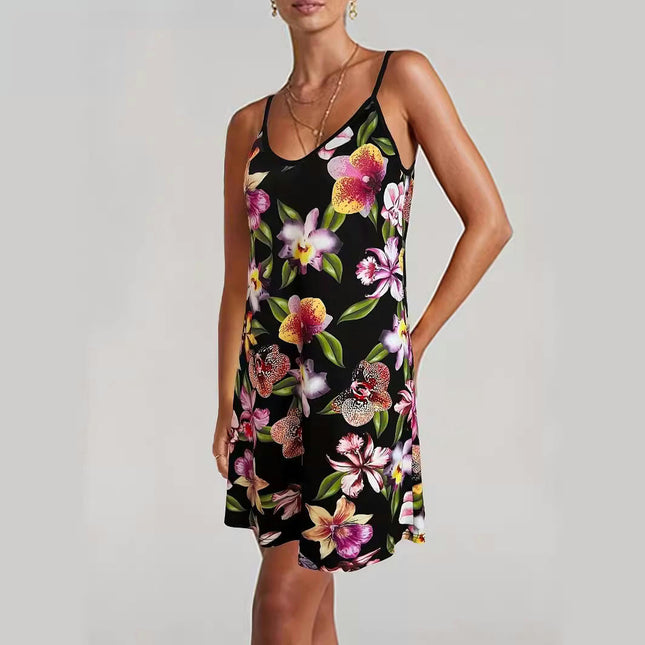 Women's Spaghetti Strap Floral Summer Dresses Sexy V Neck Sleeveless Mini Dress