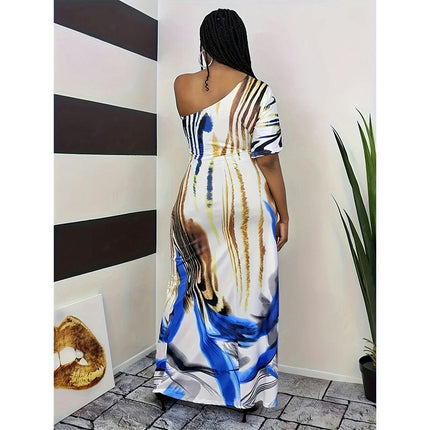 Women's One Off The Shoulder Dresses Short Sleeve Printed Party Maxi Dress