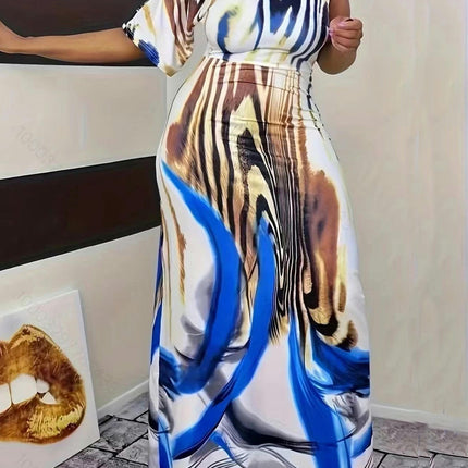 Women's One Off The Shoulder Dresses Short Sleeve Printed Party Maxi Dress