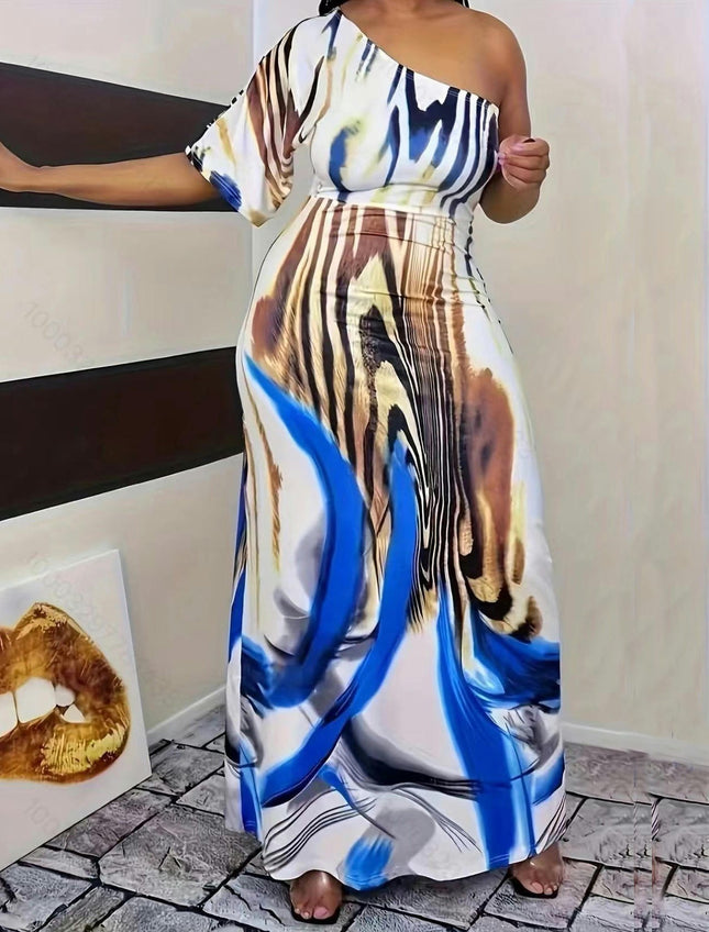 Women's One Off The Shoulder Dresses Short Sleeve Printed Party Maxi Dress