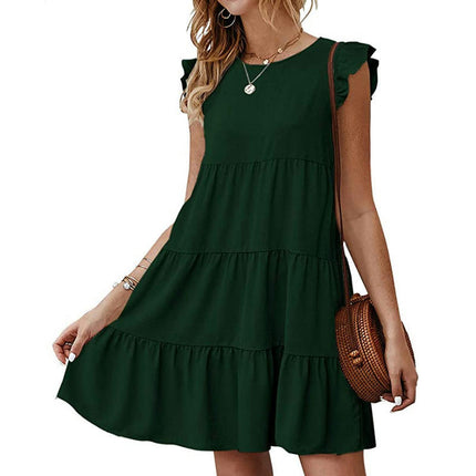 Women's Summer Casual Ruffle Cap Sleeve Crewneck Tiered A Line Mini Dress