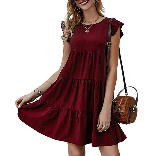 Women's Summer Casual Ruffle Cap Sleeve Crewneck Tiered A Line Mini Dress