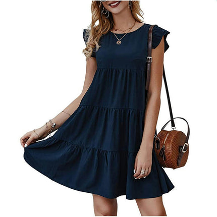 Women's Summer Casual Ruffle Cap Sleeve Crewneck Tiered A Line Mini Dress