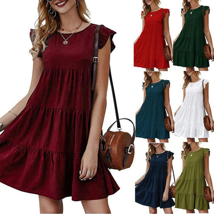 Women's Summer Casual Ruffle Cap Sleeve Crewneck Tiered A Line Mini Dress