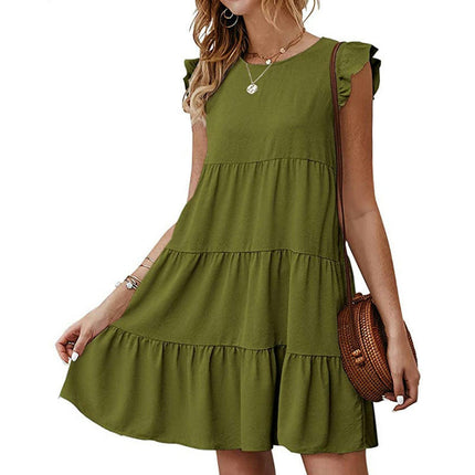 Women's Summer Casual Ruffle Cap Sleeve Crewneck Tiered A Line Mini Dress