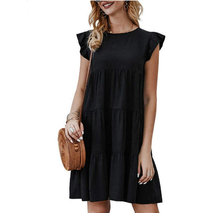 Women's Summer Casual Ruffle Cap Sleeve Crewneck Tiered A Line Mini Dress