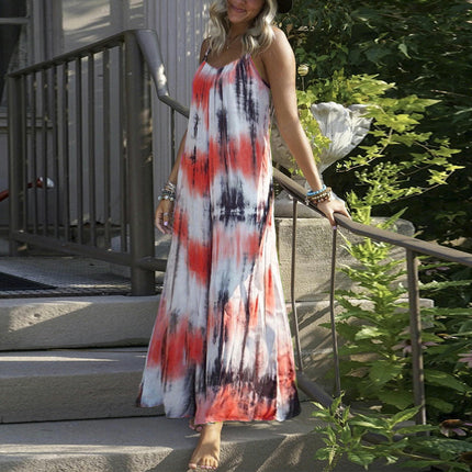 Women's Casual Summer Maxi Dresses Sleeveless Spaghetti Strap Loose Tie Dye Dresses