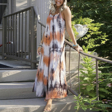 Women's Casual Summer Maxi Dresses Sleeveless Spaghetti Strap Loose Tie Dye Dresses