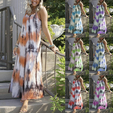 Women's Casual Summer Maxi Dresses Sleeveless Spaghetti Strap Loose Tie Dye Dresses