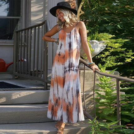 Women's Casual Summer Maxi Dresses Sleeveless Spaghetti Strap Loose Tie Dye Dresses